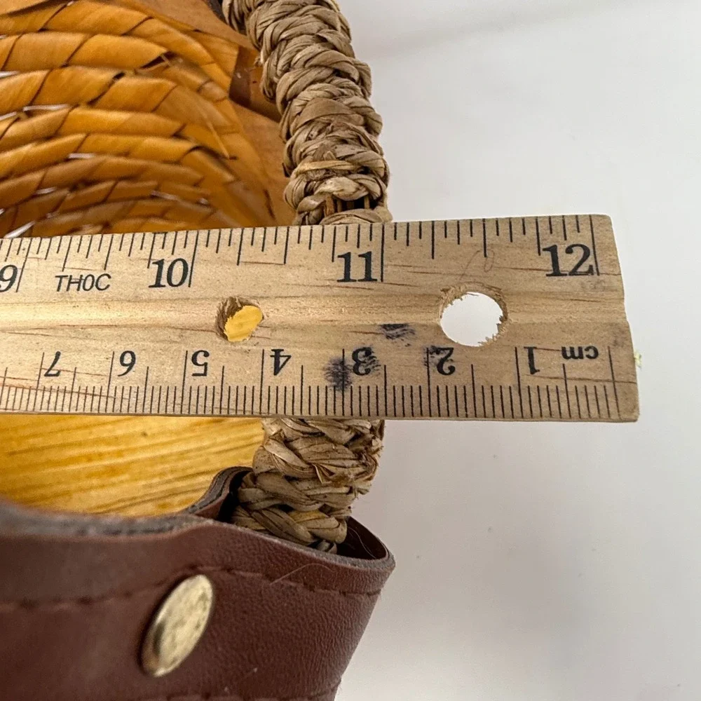 Rustic Woven Wood Basket with Seagrass Rim and Leather Handles Brown 11x8